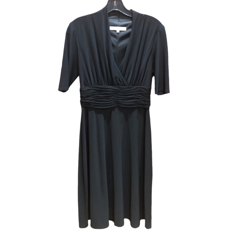 Evan Picone 3/4 Sleeve V Neck Ruched Waist Black MIDI Dress Sz 10